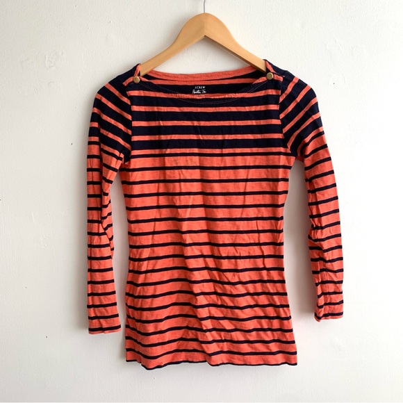 J. Crew Tops - J. Crew Painter Tee Boatneck Orange and Navy Stripe Long Sleeve Size Small